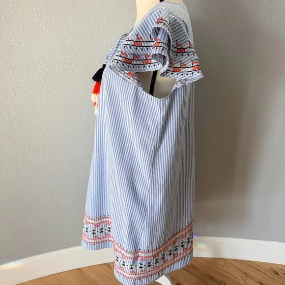 THML Blue and White Striped Cotton Sun Dress with Tassels & Embroidered Details - Picture 4 of 14